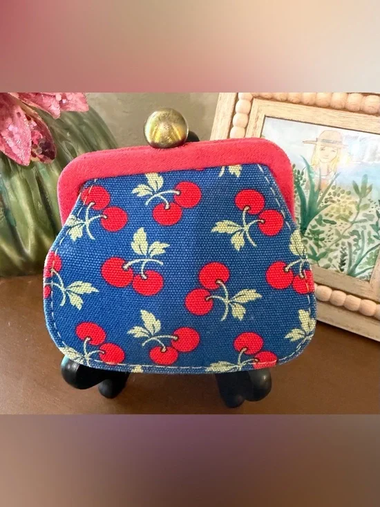 GAP-“Am I the Cutest or What?? Blue with Cherry Print Coin Purse with Red Trim - Picture 2 of 11
